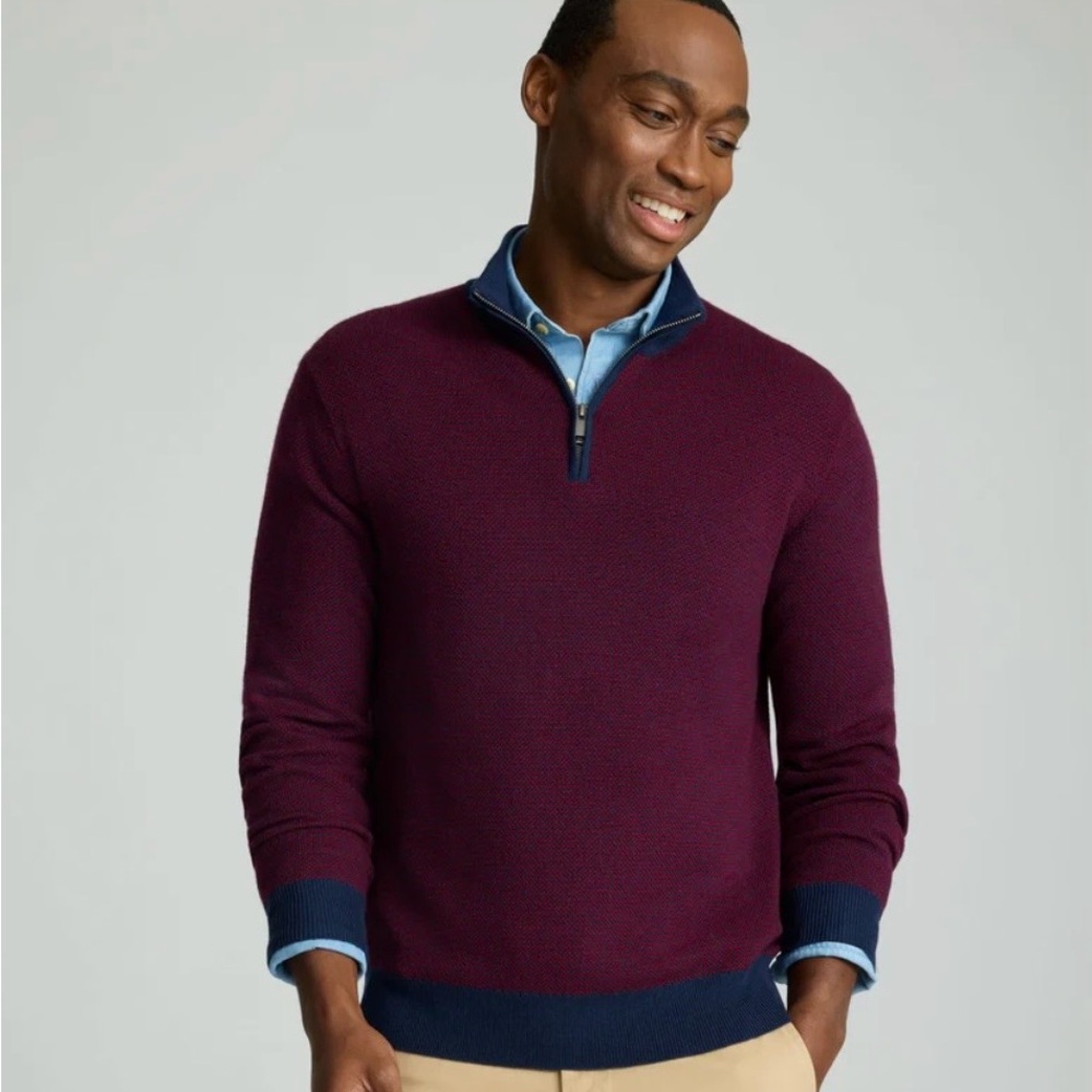 NWT Men's Zip Up Marino Wool Sweater in Burgundy and Navy